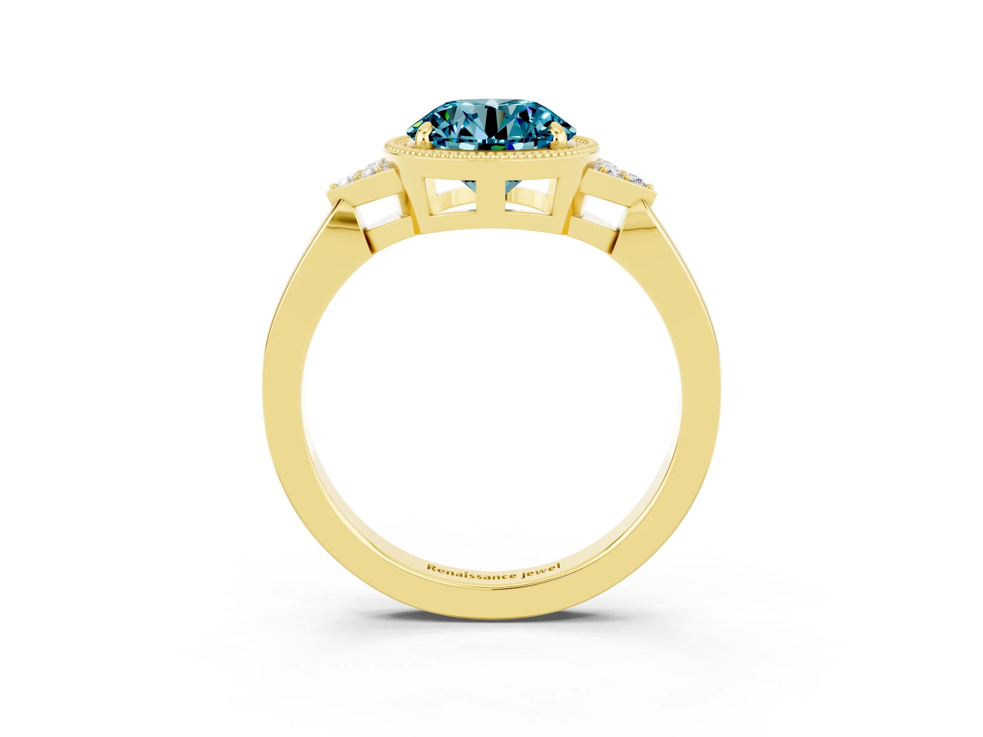 Yellow gold Round Cut Blue Topaz Halo Ring with Tapered Band and Four-Prong Setting_3