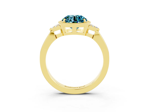 Yellow gold Round Cut Blue Topaz Halo Ring with Tapered Band and Four-Prong Setting