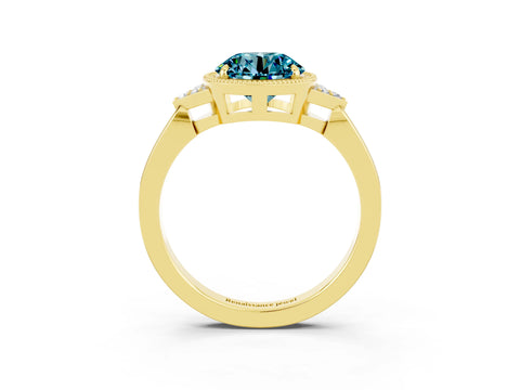 Yellow gold Round Cut Blue Topaz Halo Ring with Tapered Band and Four-Prong Setting_3