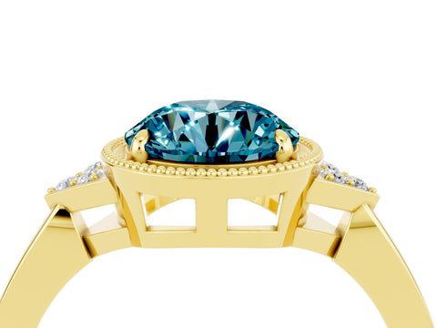 Yellow gold Round Cut Blue Topaz Halo Ring with Tapered Band and Four-Prong Setting_4