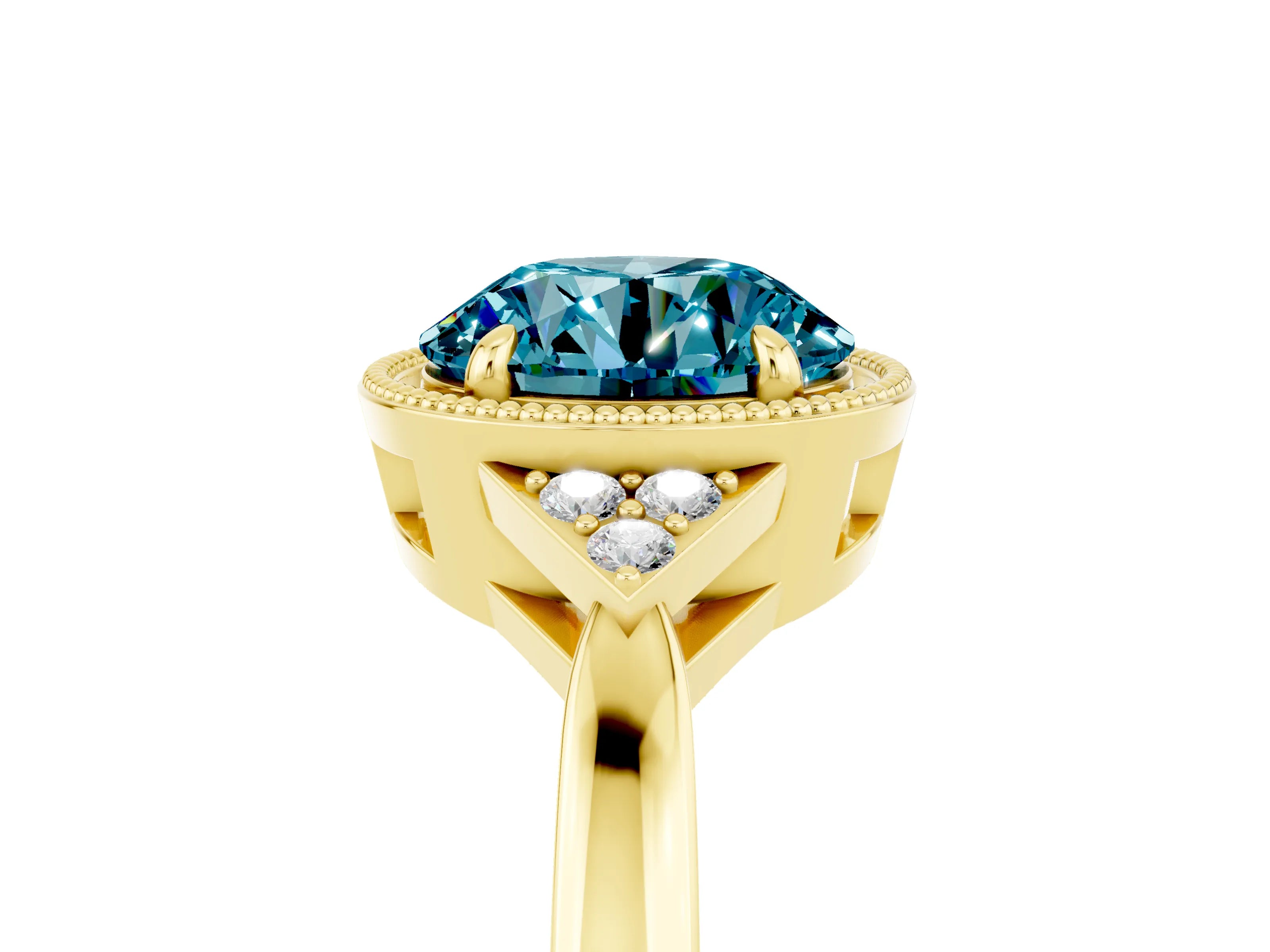 Yellow gold Round Cut Blue Topaz Halo Ring with Tapered Band and Four-Prong Setting_5