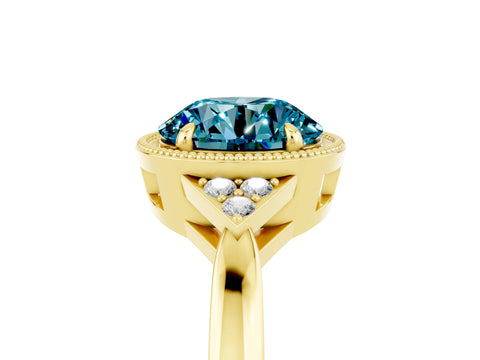 Yellow gold Round Cut Blue Topaz Halo Ring with Tapered Band and Four-Prong Setting_5