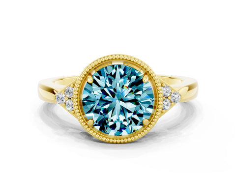 Yellow gold Round Cut Blue Topaz Halo Ring with Tapered Band and Four-Prong Setting
