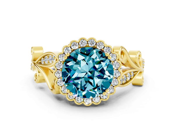 Yellow gold Round Cut Blue Topaz Halo Ring with Vintage Split Shank and Four-Prong Setting