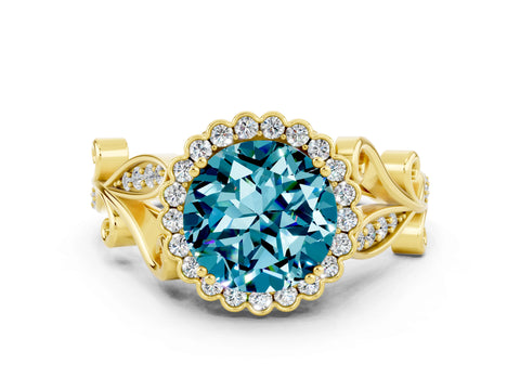 Yellow gold Round Cut Blue Topaz Halo Ring with Vintage Split Shank and Four-Prong Setting_24