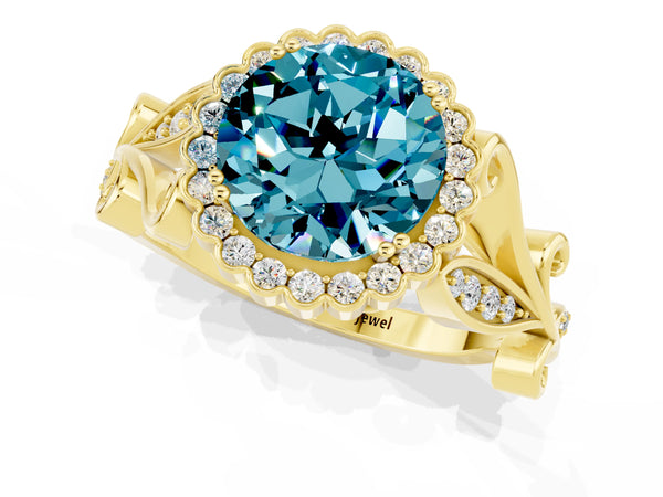 Yellow gold Round Cut Blue Topaz Halo Ring with Vintage Split Shank and Four-Prong Setting