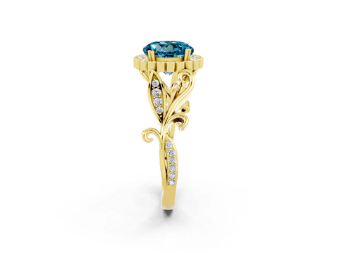 Yellow gold Round Cut Blue Topaz Halo Ring with Vintage Split Shank and Four-Prong Setting_26
