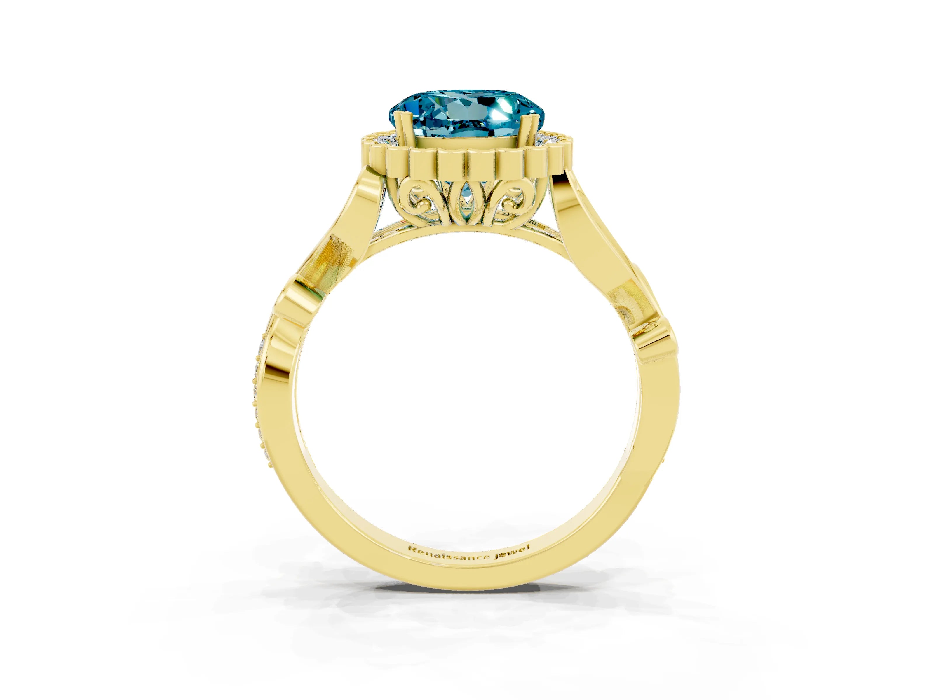 Yellow gold Round Cut Blue Topaz Halo Ring with Vintage Split Shank and Four-Prong Setting_27