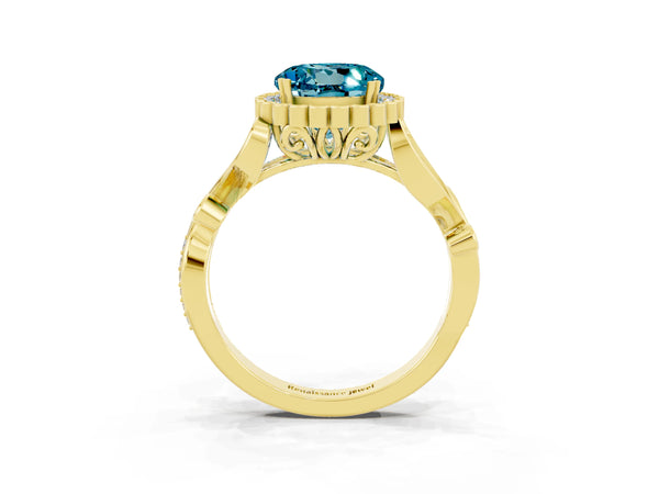 Yellow gold Round Cut Blue Topaz Halo Ring with Vintage Split Shank and Four-Prong Setting