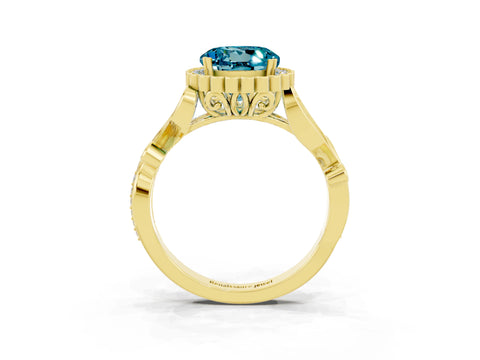Yellow gold Round Cut Blue Topaz Halo Ring with Vintage Split Shank and Four-Prong Setting_27