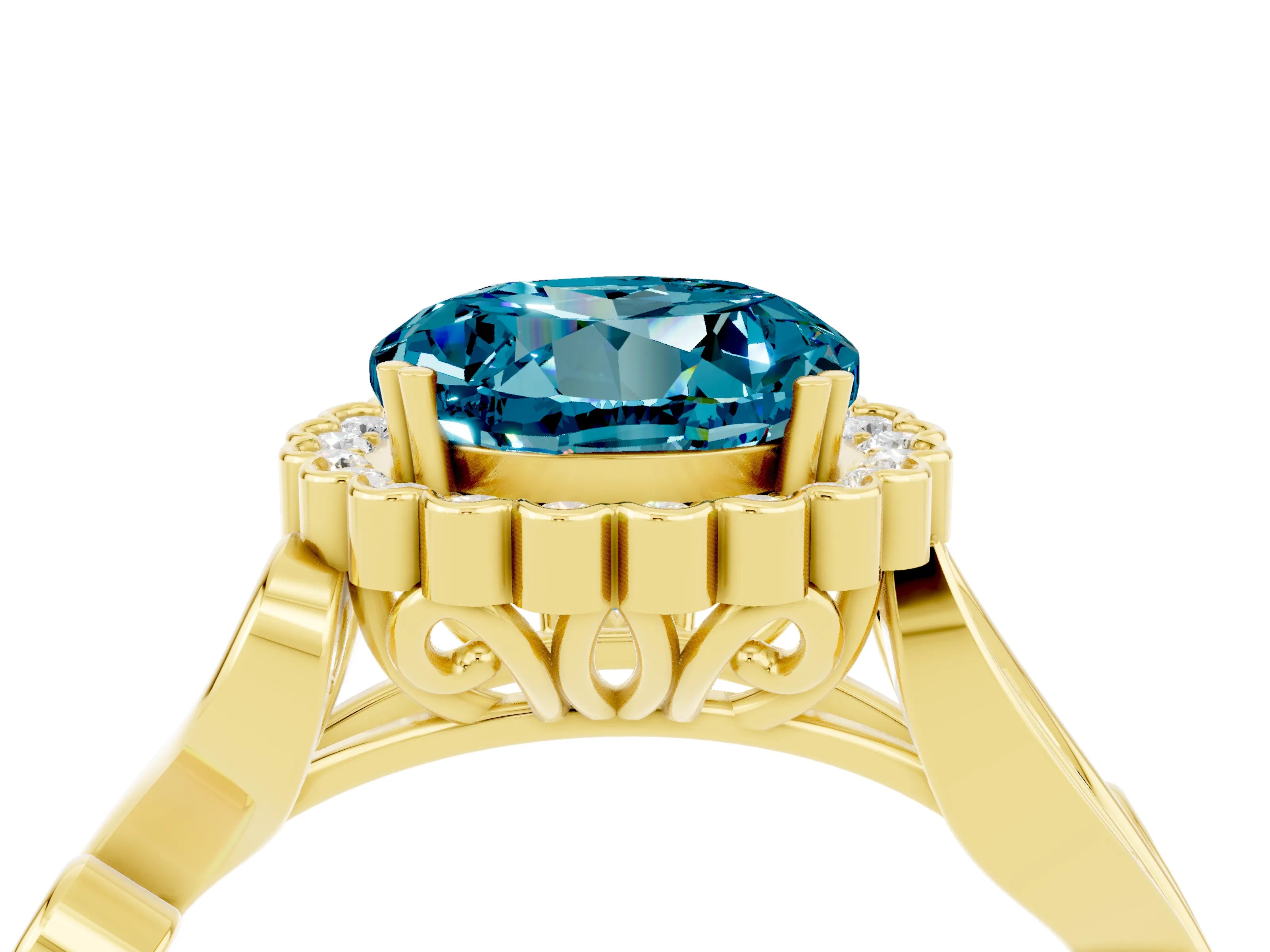 Yellow gold Round Cut Blue Topaz Halo Ring with Vintage Split Shank and Four-Prong Setting_28