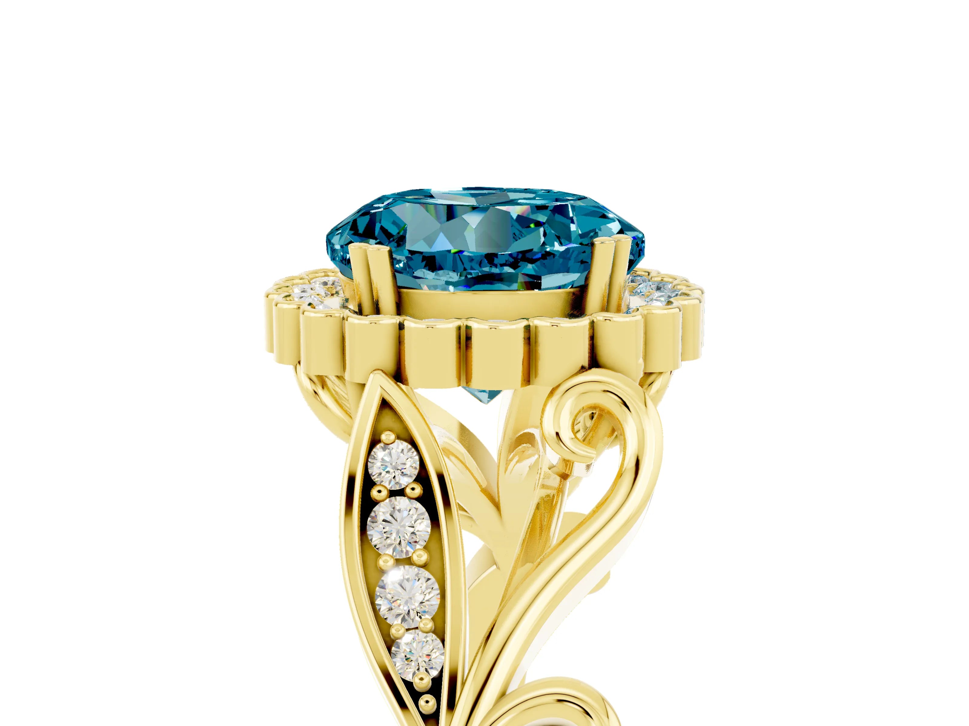 Yellow gold Round Cut Blue Topaz Halo Ring with Vintage Split Shank and Four-Prong Setting_29
