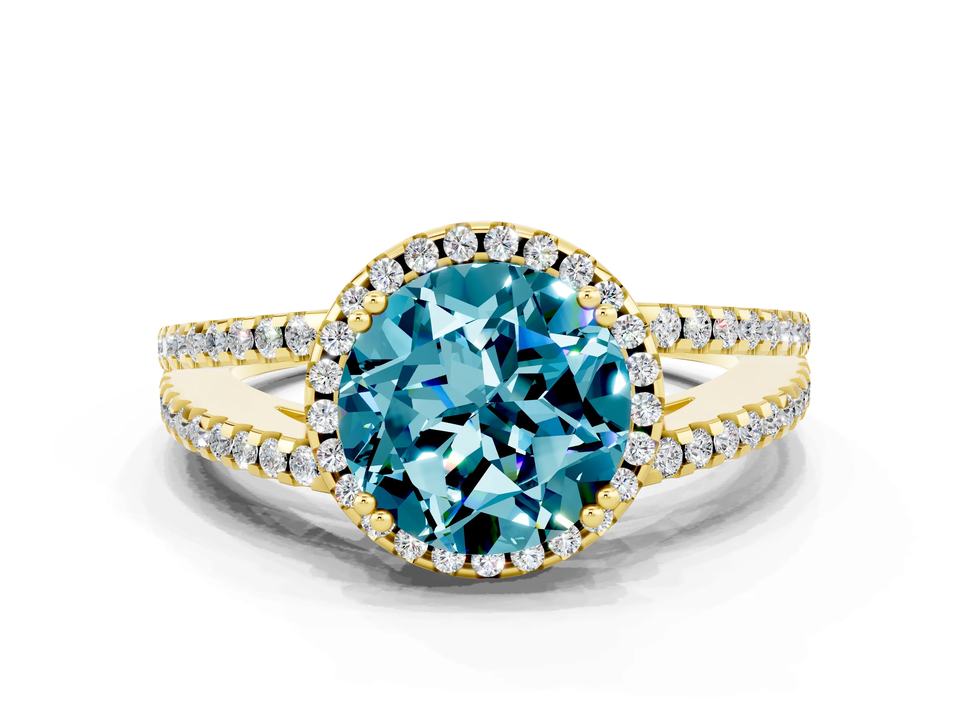 Yellow gold Round Cut Blue Topaz Halo Split Shank Engagement Ring_12