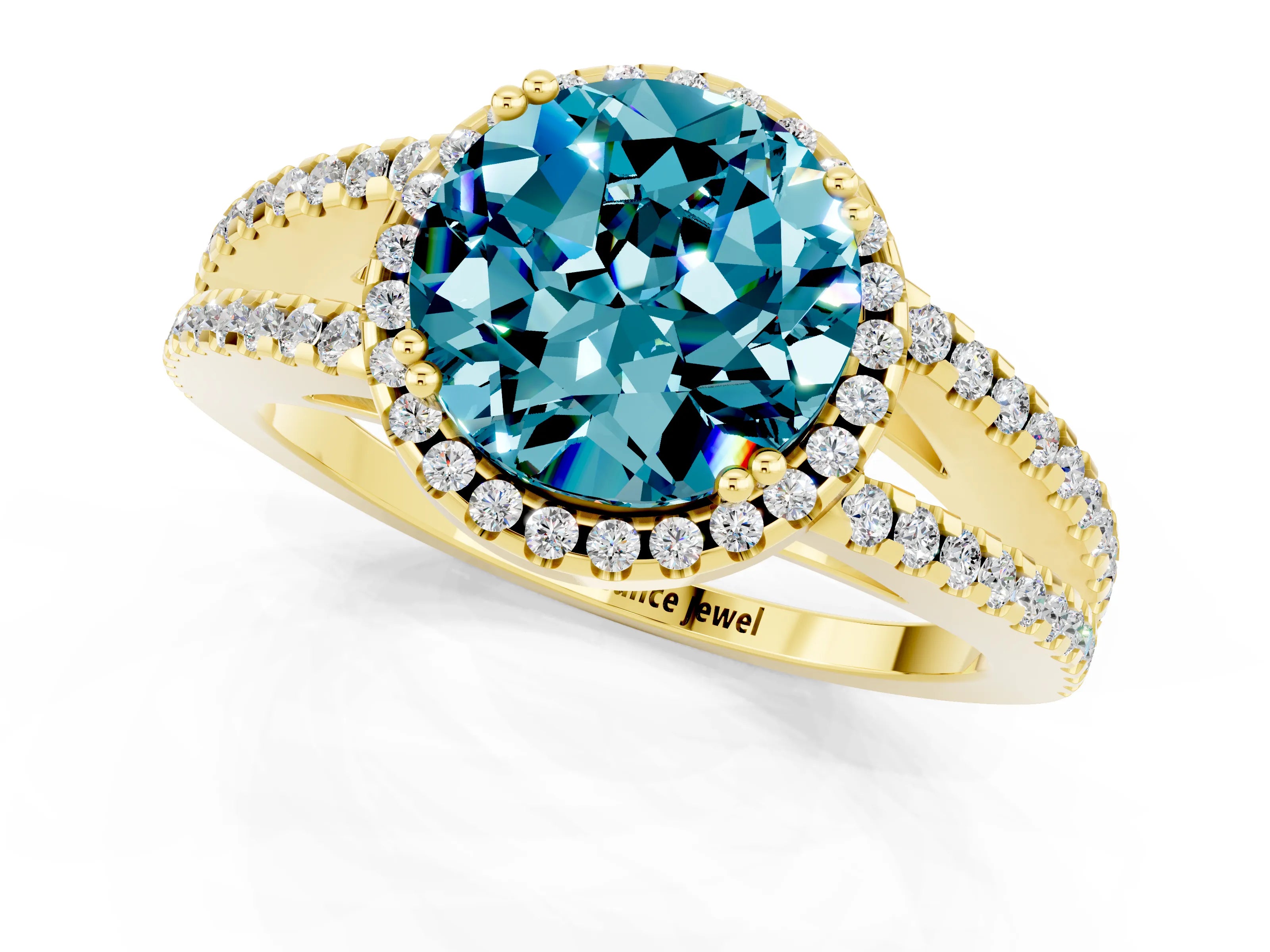 Yellow gold Round Cut Blue Topaz Halo Split Shank Engagement Ring_13