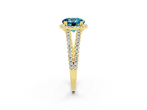 Yellow gold Round Cut Blue Topaz Halo Split Shank Engagement Ring