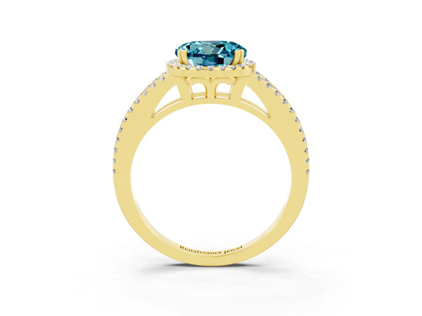 Yellow gold Round Cut Blue Topaz Halo Split Shank Engagement Ring