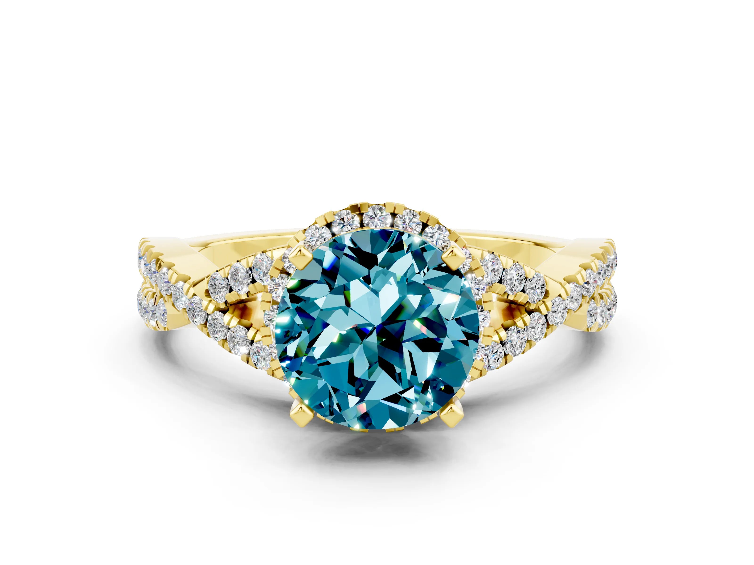 Yellow gold Round Cut Blue Topaz Halo Twist Band Solitaire Prong Setting Ring