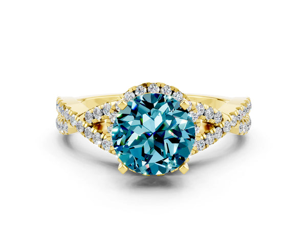 Yellow gold Round Cut Blue Topaz  Halo Twist Band Solitaire Prong Setting Ring