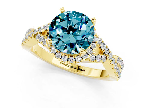 Yellow gold Round Cut Blue Topaz Halo Twist Band Solitaire Prong Setting Ring_1
