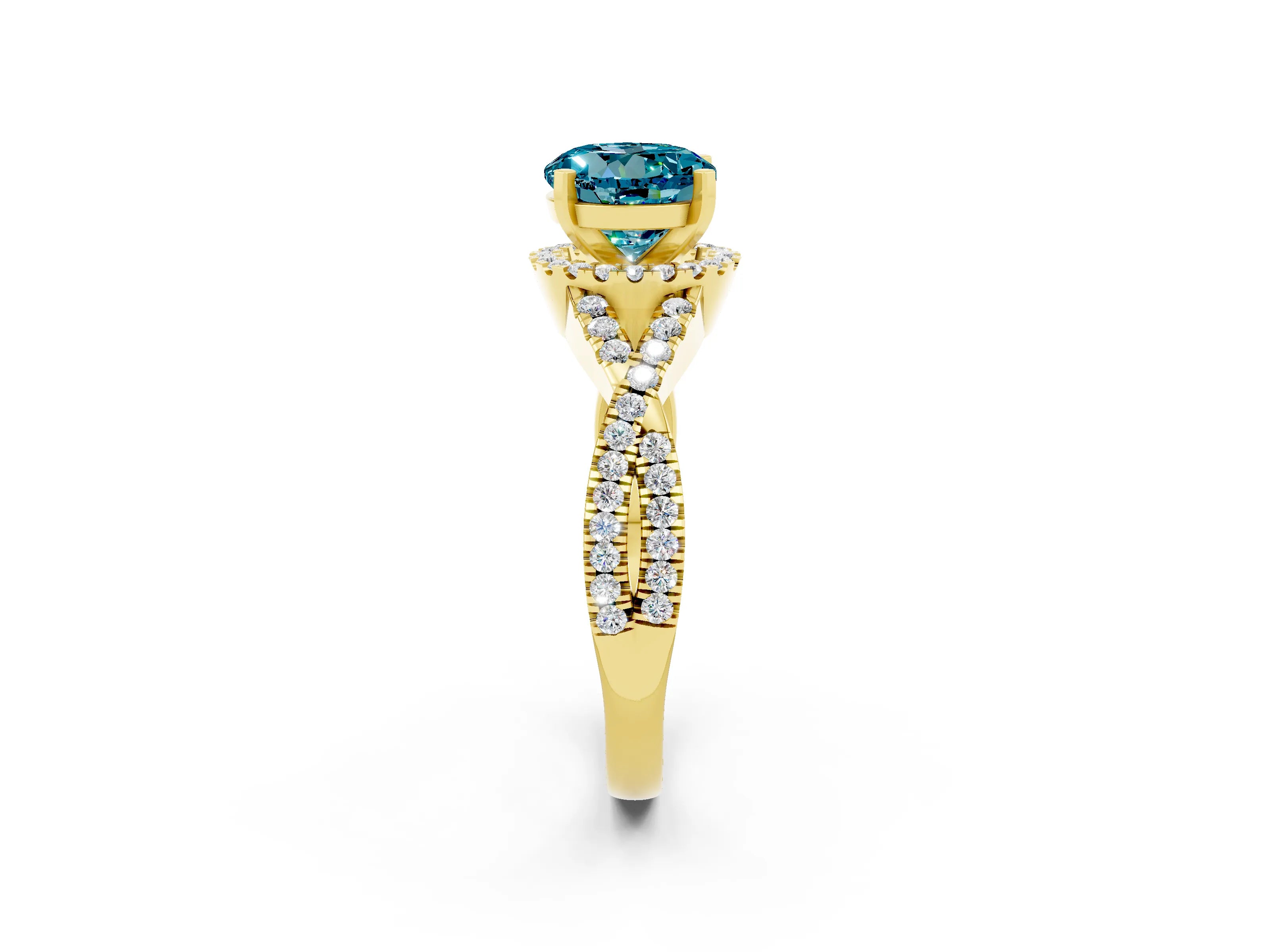 Yellow gold Round Cut Blue Topaz Halo Twist Band Solitaire Prong Setting Ring_2