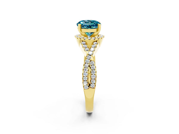 Yellow gold Round Cut Blue Topaz  Halo Twist Band Solitaire Prong Setting Ring