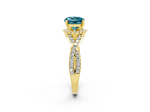 Yellow gold Round Cut Blue Topaz Halo Twist Band Solitaire Prong Setting Ring_2