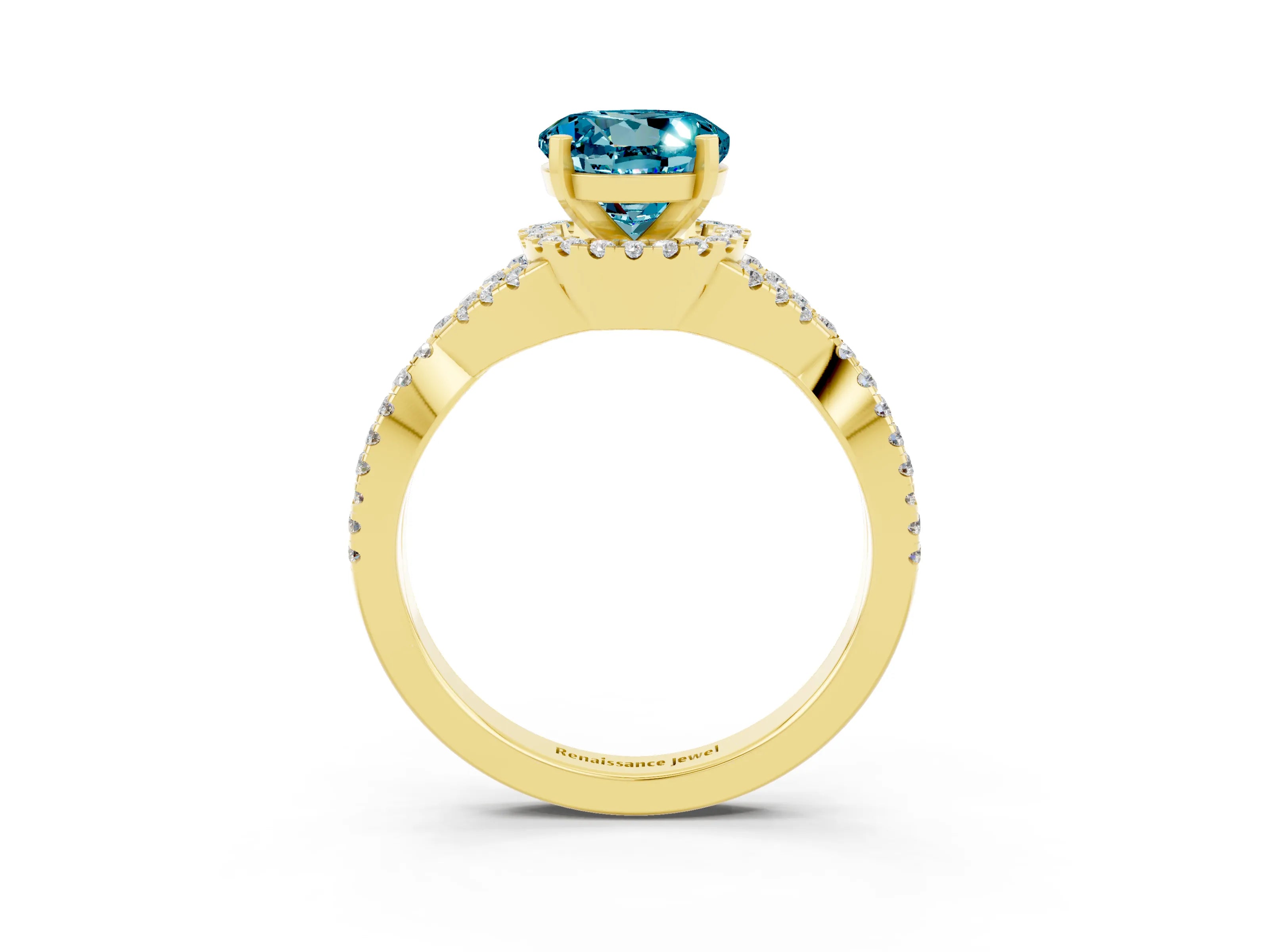 Yellow gold Round Cut Blue Topaz Halo Twist Band Solitaire Prong Setting Ring_3