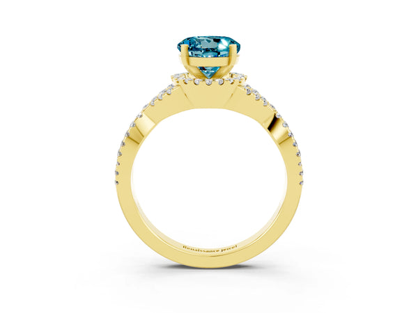 Yellow gold Round Cut Blue Topaz  Halo Twist Band Solitaire Prong Setting Ring