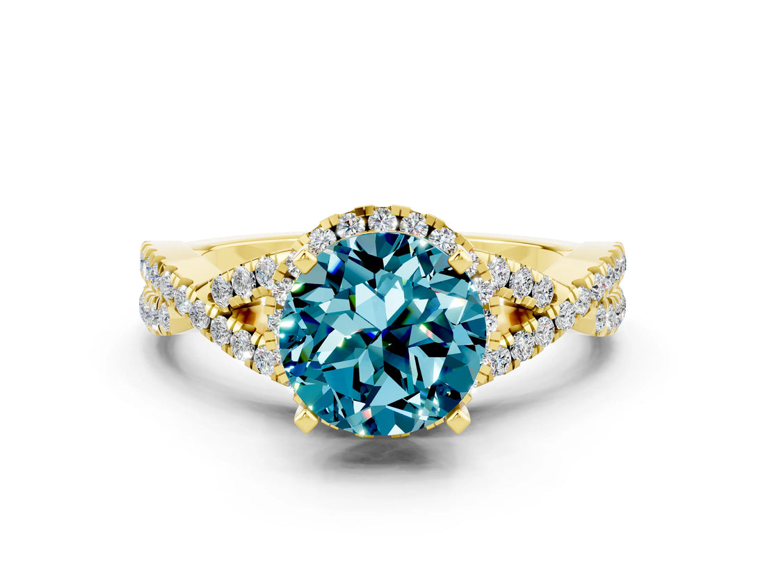 Yellow gold Round Cut Blue Topaz  Halo Twist Band Solitaire Prong Setting Ring_42