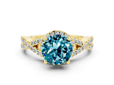 Yellow gold Round Cut Blue Topaz Halo Twist Band Solitaire Prong Setting Ring