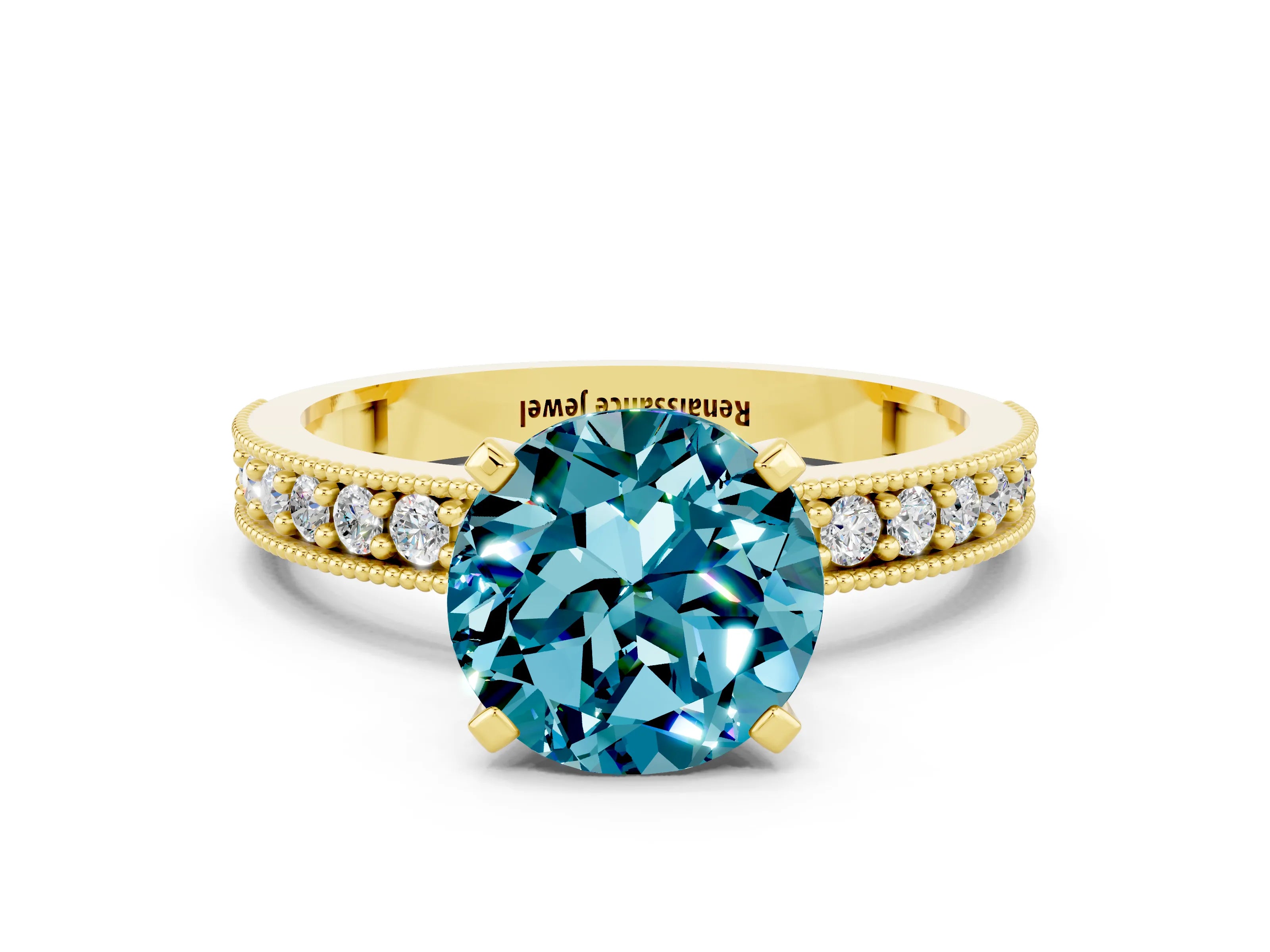 Yellow gold Round Cut Blue Topaz Milgrain Pavé Engagement Ring with Four-Prong Setting