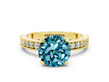 Yellow gold Round Cut Blue Topaz Milgrain Pavé Engagement Ring with Four-Prong Setting