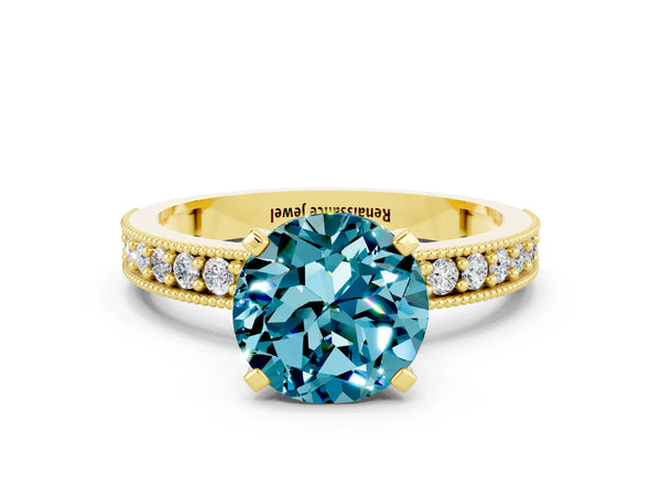 Yellow gold Round Cut Blue Topaz Milgrain Pavé Engagement Ring with Four-Prong Setting