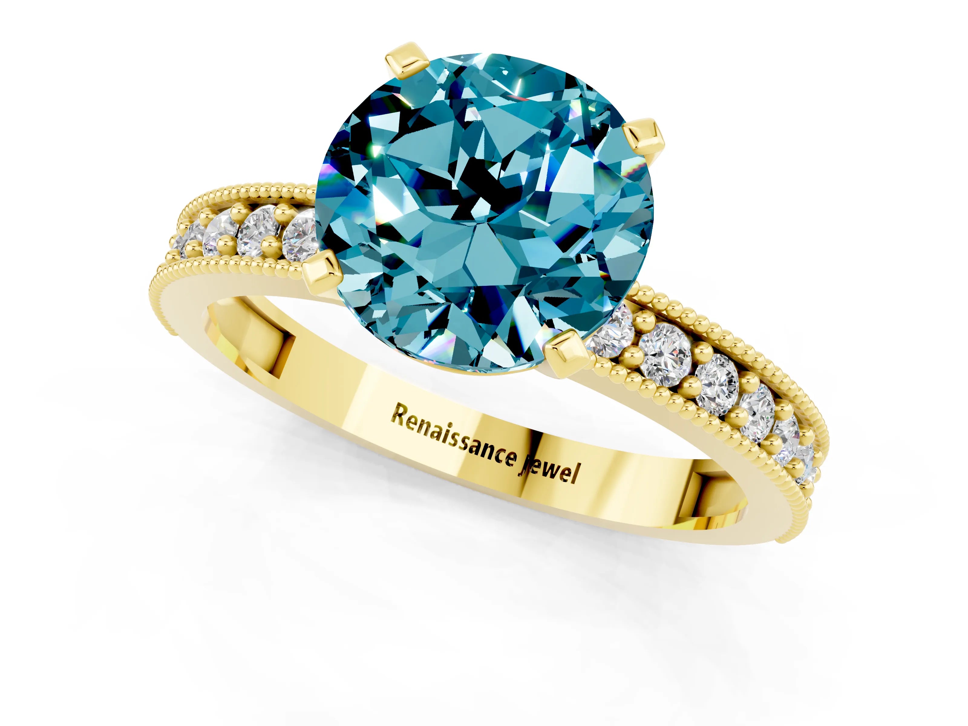 Yellow gold Round Cut Blue Topaz Milgrain Pavé Engagement Ring with Four-Prong Setting_1