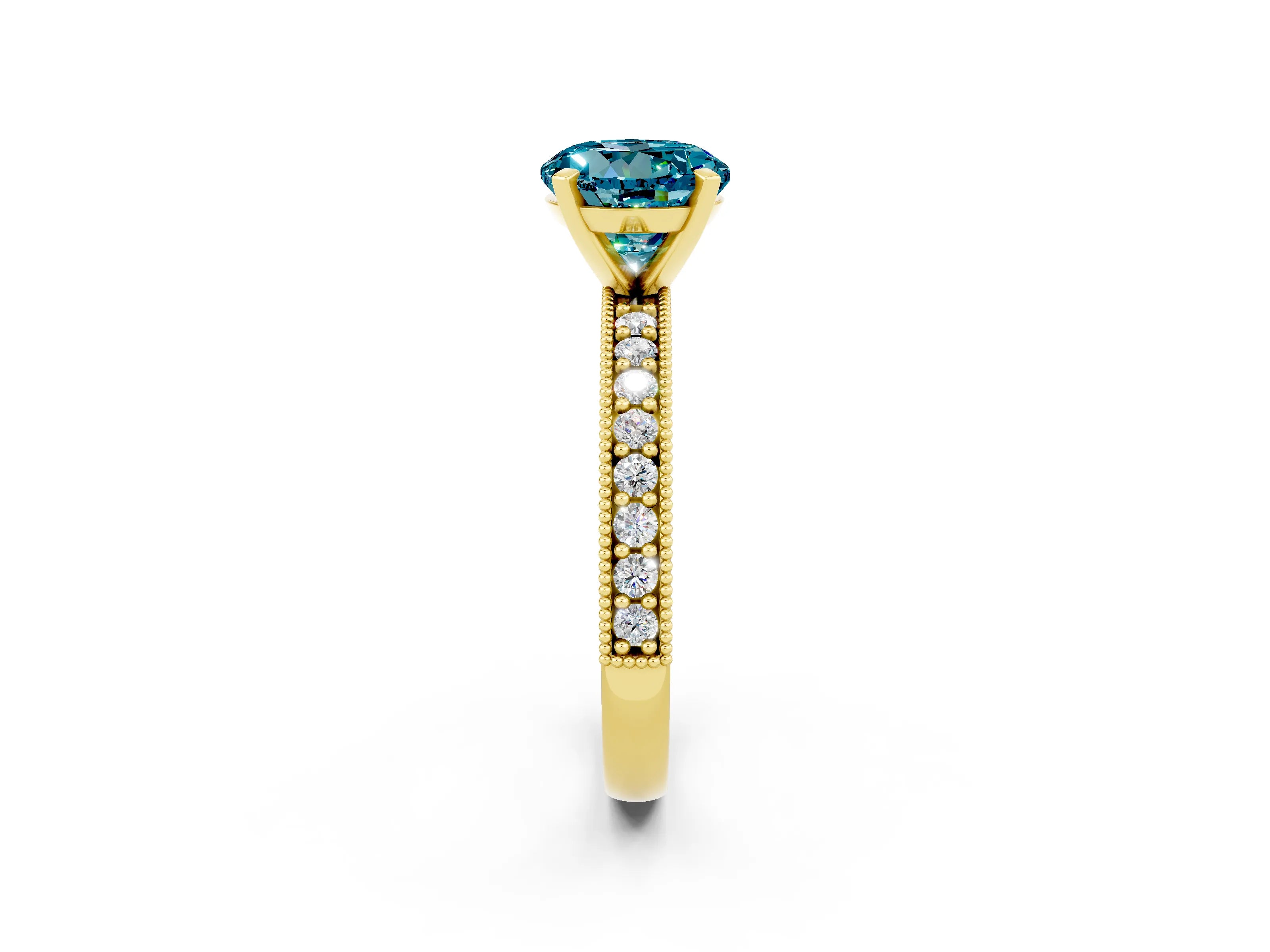 Yellow gold Round Cut Blue Topaz Milgrain Pavé Engagement Ring with Four-Prong Setting_2