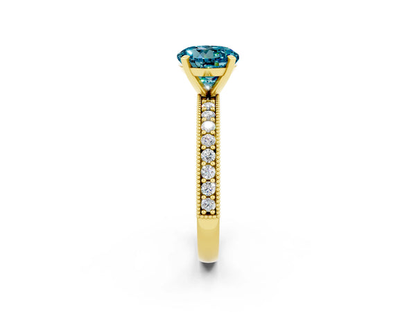 Yellow gold Round Cut Blue Topaz Milgrain Pavé Engagement Ring with Four-Prong Setting