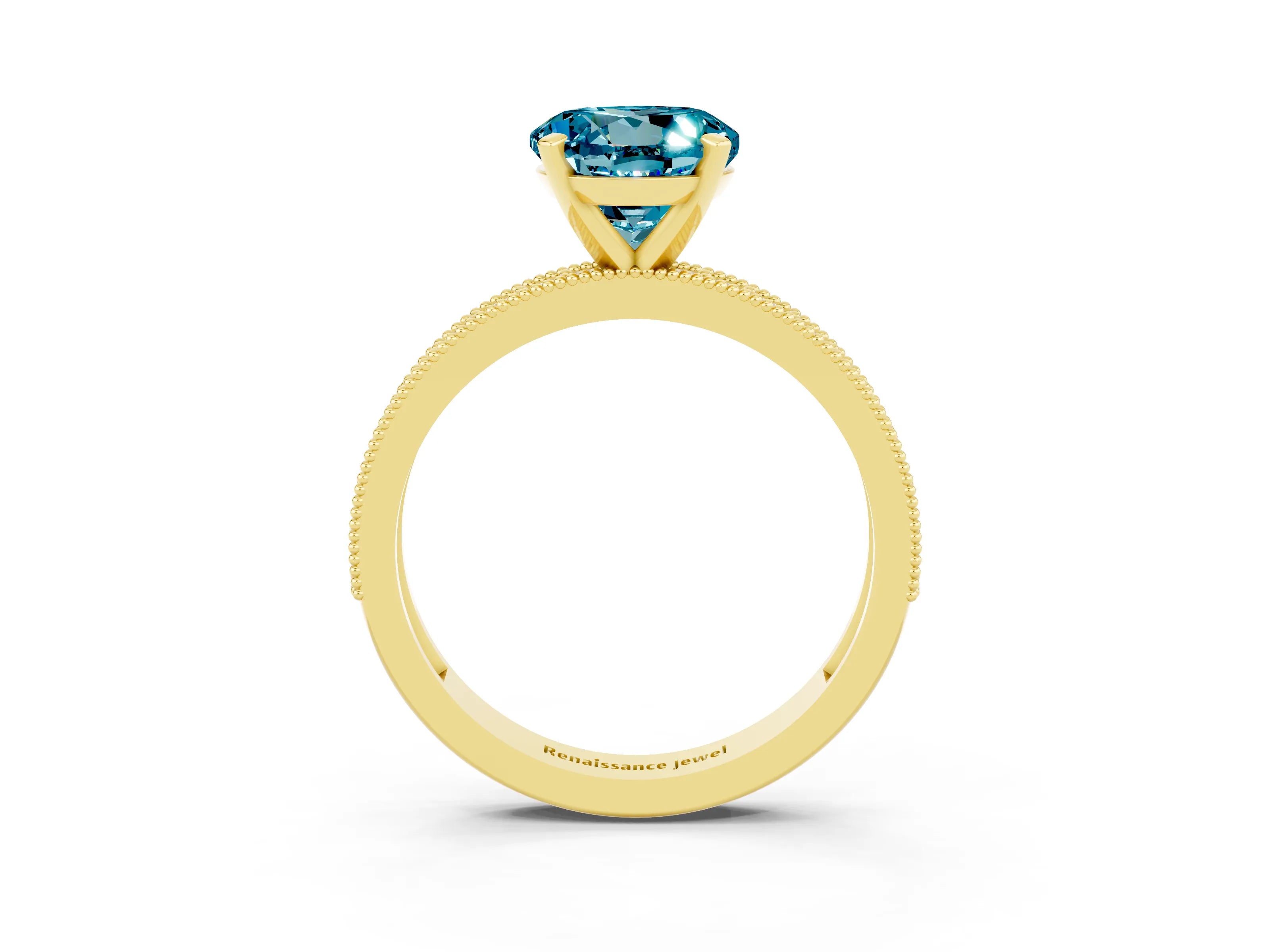 Yellow gold Round Cut Blue Topaz Milgrain Pavé Engagement Ring with Four-Prong Setting_3