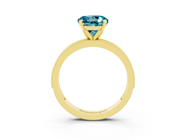 Yellow gold Round Cut Blue Topaz Milgrain Pavé Engagement Ring with Four-Prong Setting