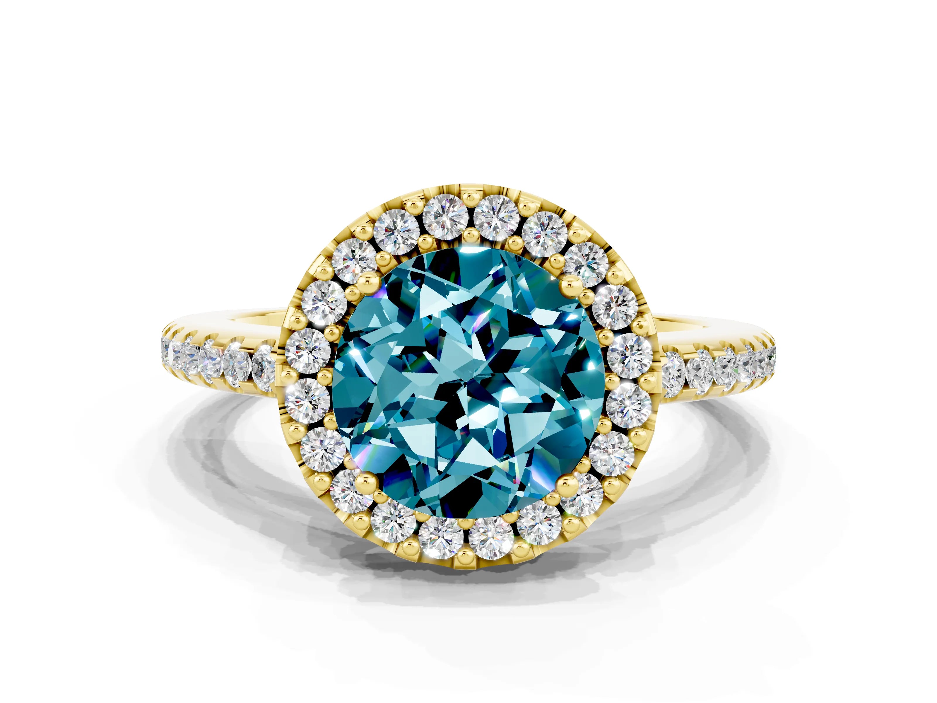 Yellow gold Round Cut Blue Topaz Pavé Halo Ring with Four-Prong Setting_12