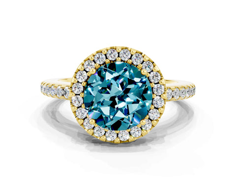 Yellow gold Round Cut Blue Topaz Pavé Halo Ring with Four-Prong Setting_12