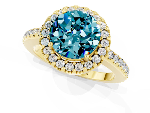 Yellow gold Round Cut Blue Topaz Pavé Halo Ring with Four-Prong Setting