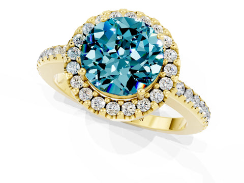 Yellow gold Round Cut Blue Topaz Pavé Halo Ring with Four-Prong Setting_13