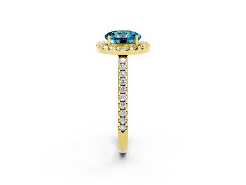 Yellow gold Round Cut Blue Topaz Pavé Halo Ring with Four-Prong Setting_14