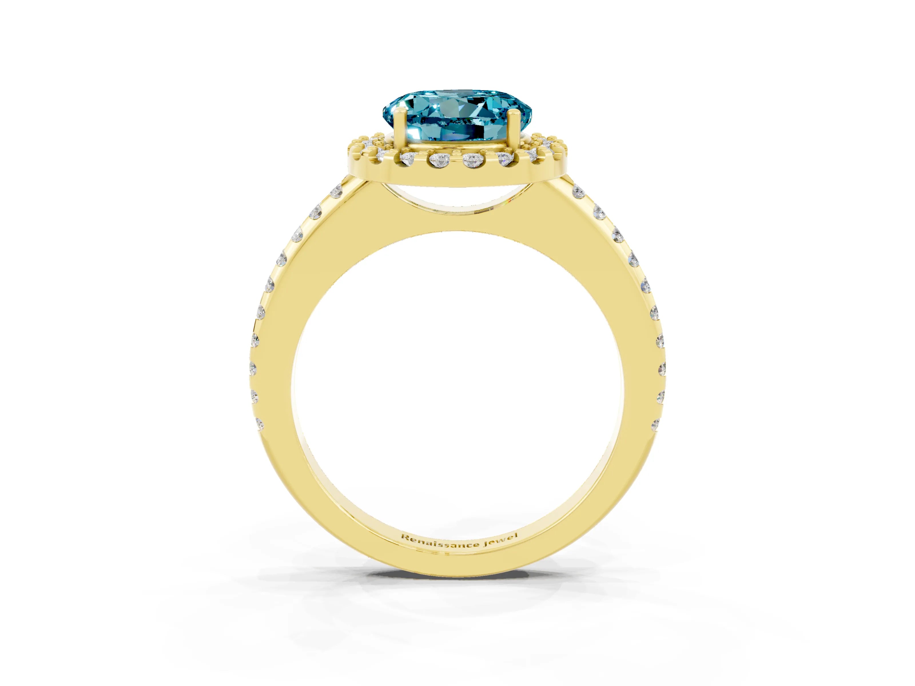 Yellow gold Round Cut Blue Topaz Pavé Halo Ring with Four-Prong Setting_15