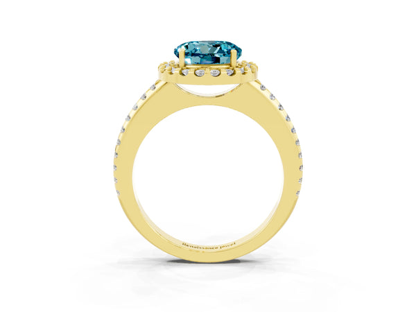 Yellow gold Round Cut Blue Topaz Pavé Halo Ring with Four-Prong Setting