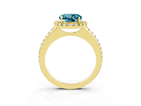 Yellow gold Round Cut Blue Topaz Pavé Halo Ring with Four-Prong Setting_15