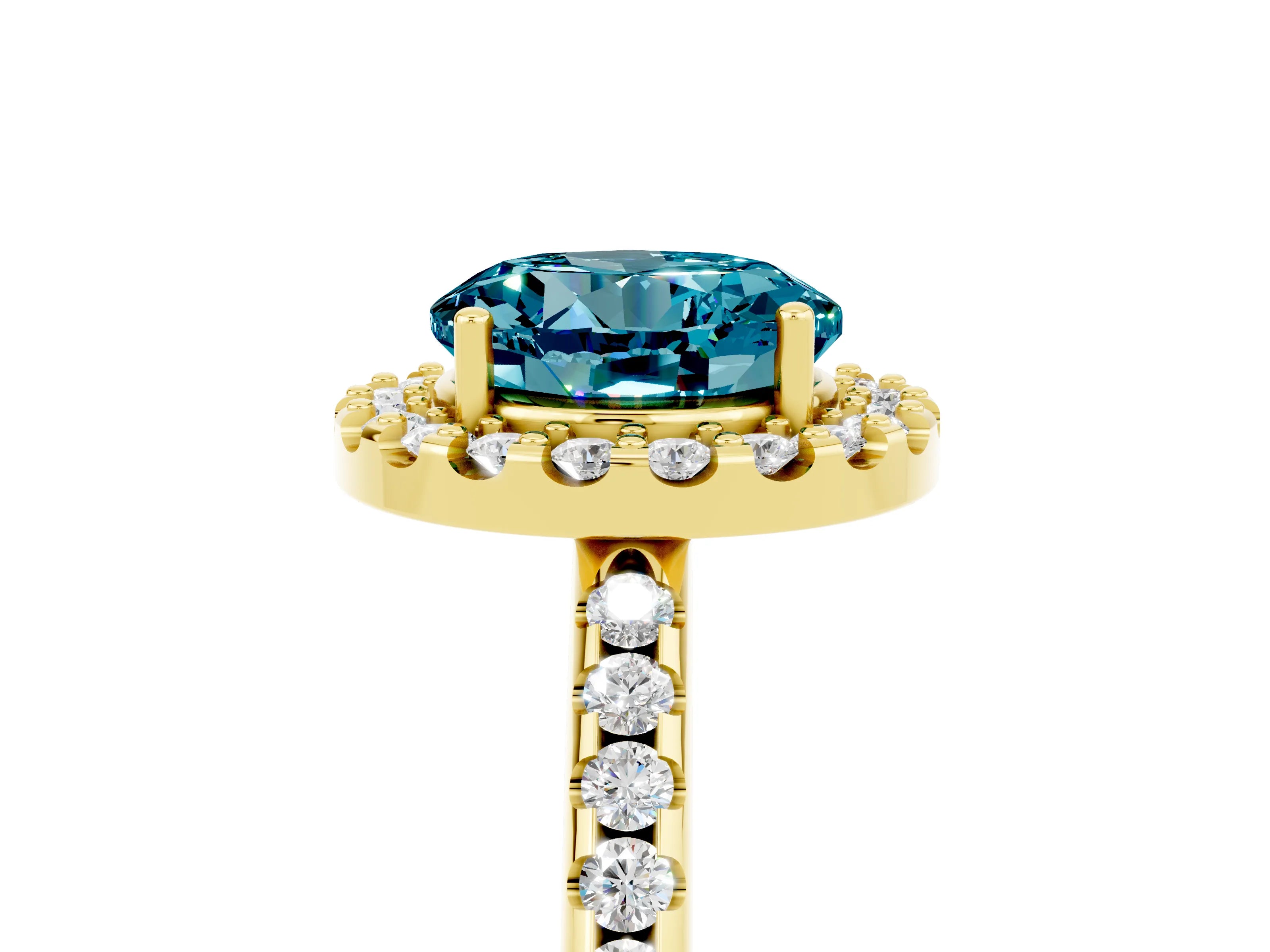 Yellow gold Round Cut Blue Topaz Pavé Halo Ring with Four-Prong Setting_17