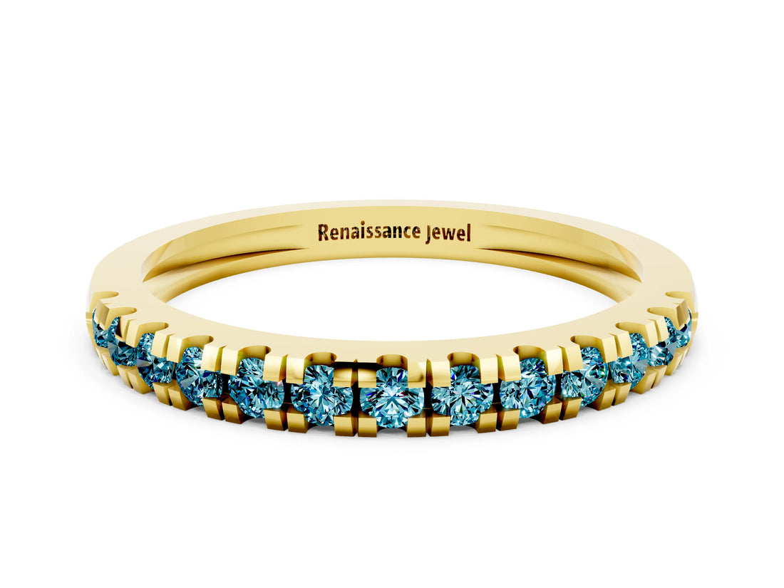 Yellow gold Round Cut Blue Topaz Pavé Set Thin Band