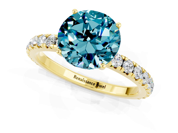 Yellow gold Round Cut Blue Topaz Pavé Solitaire Engagement Ring with Four-Prong Setting