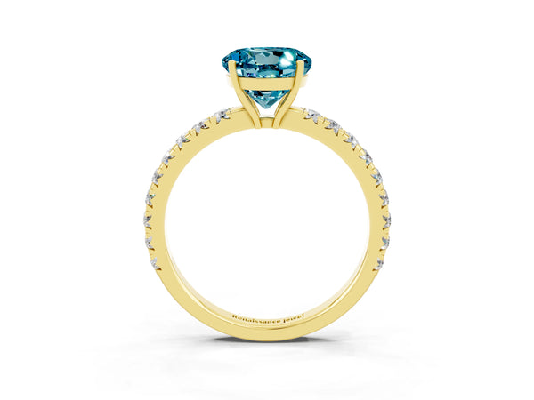 Yellow gold Round Cut Blue Topaz Pavé Solitaire Engagement Ring with Four-Prong Setting